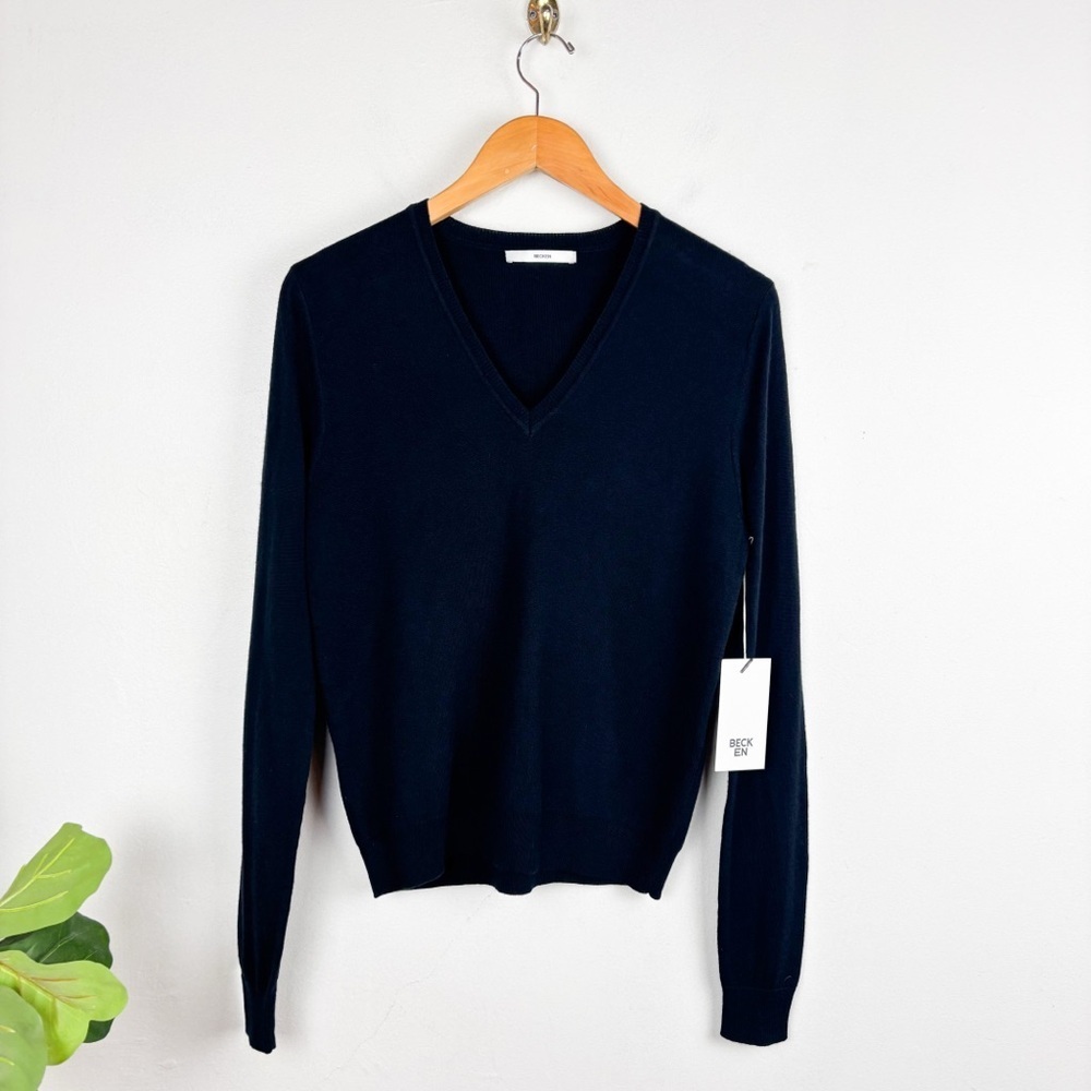 NWT BECKEN Women’s Cashmere Blend Navy Blue V-Neck Sweater Sz S